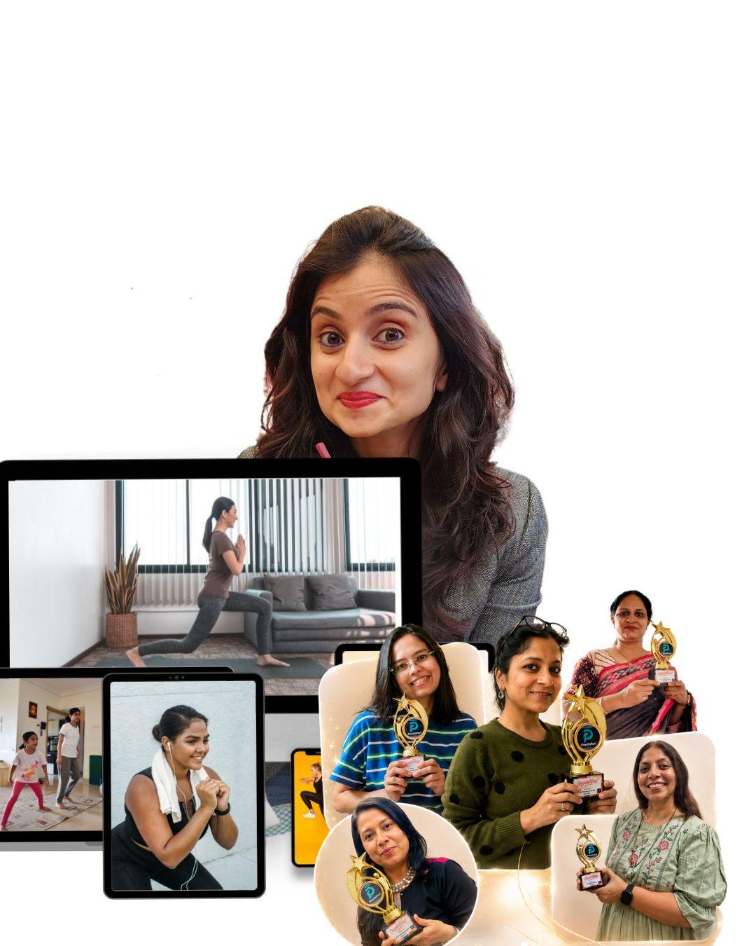 FitwithPari live online classes across devices — founder Pari with members holding their consistency trophies